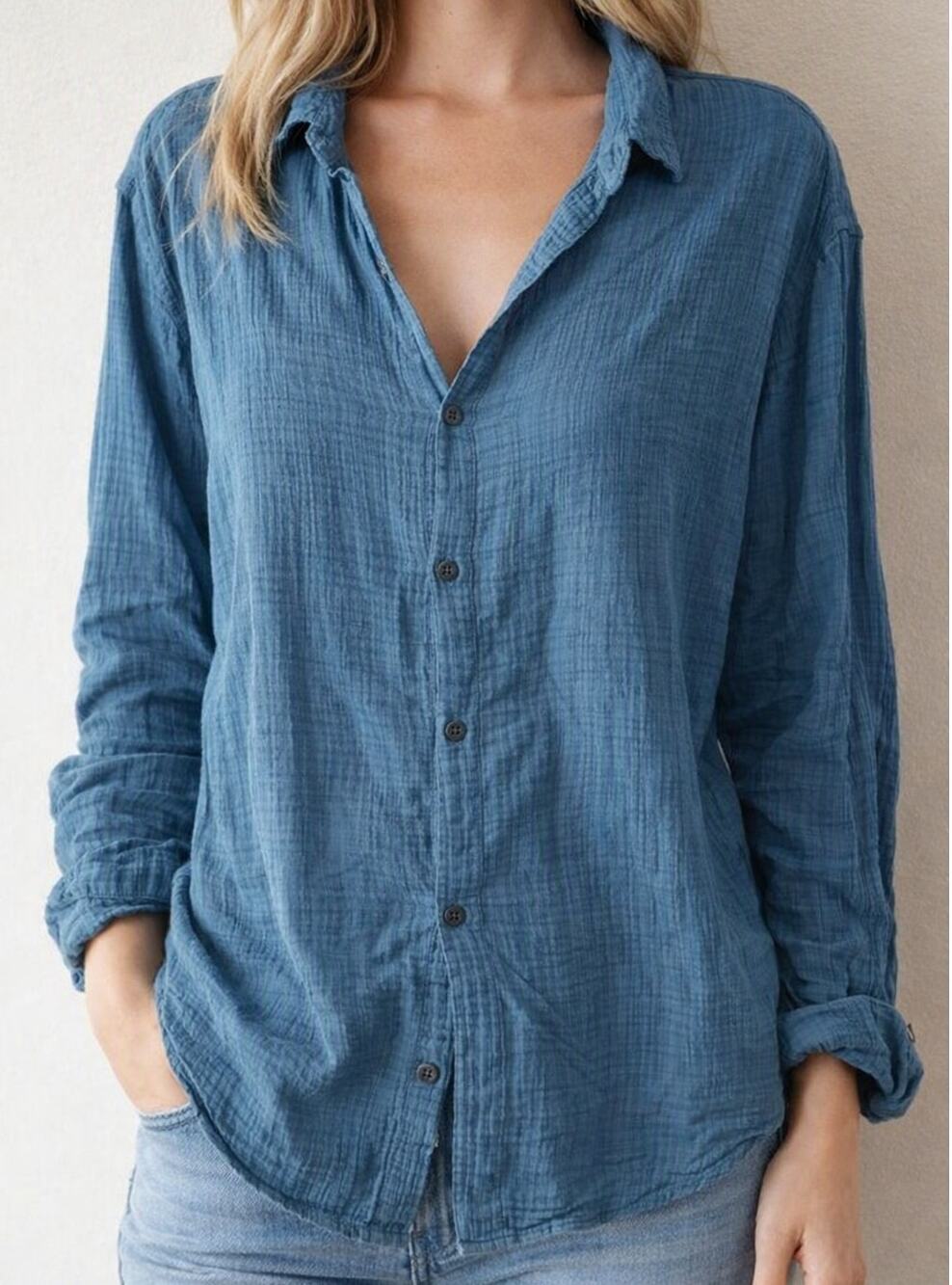 Abercrombie & Fitch Soft A&F Long Sleeve Button-Up Gauzy Shirt Top Blue XL